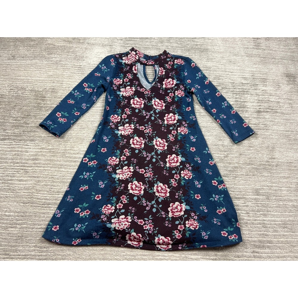 Living Doll Dress Womens XS Blue Floral Keyhole Choker Neck A-Line 3/4 Sleeve